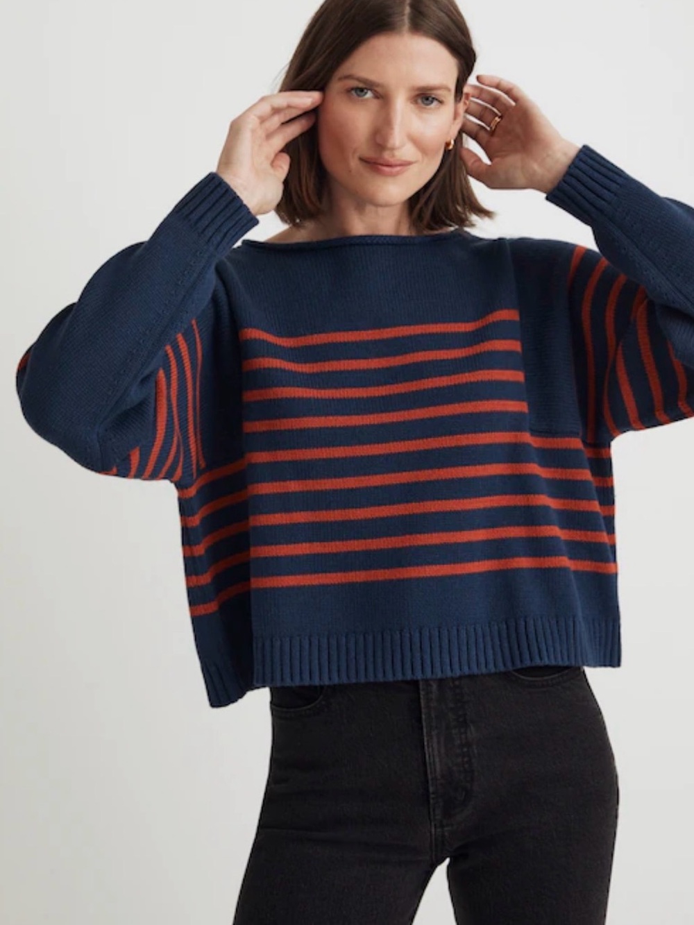 MADEWELL Rolled Neck Pullover Striped Boatneck Sweater Classic Indigo Navy Red M